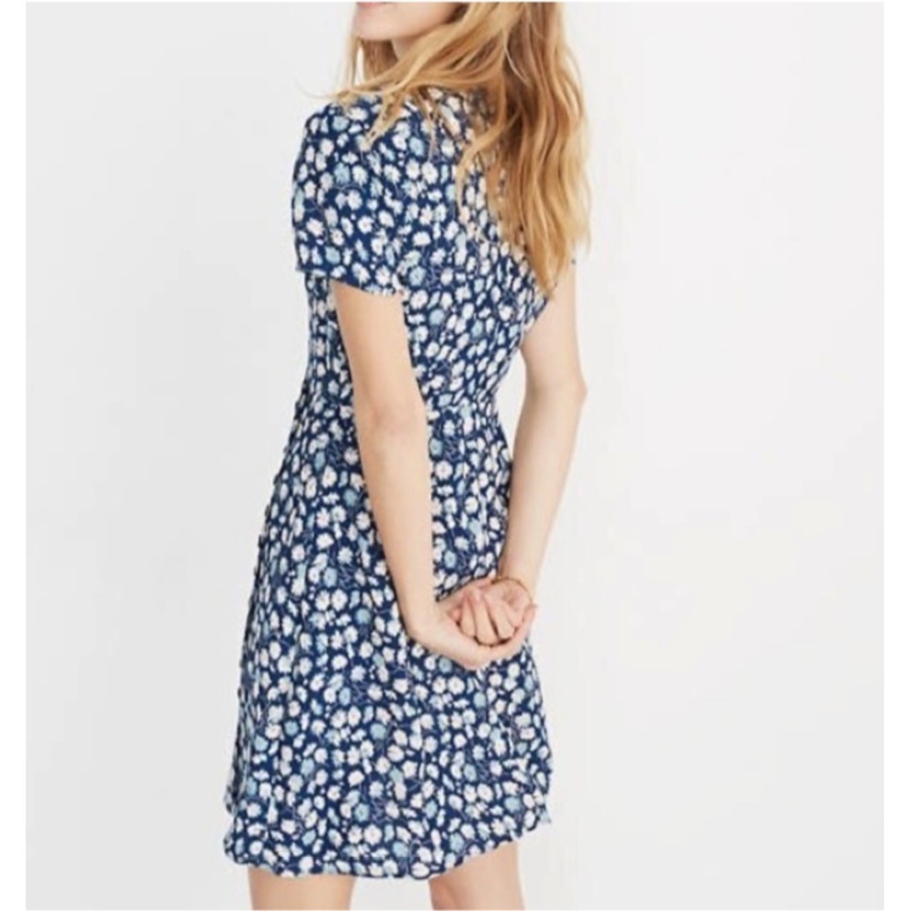 Madewell Mini Dress Womens Sz 8 Blue French Country Floral Button Wrap V-neck - Picture 2 of 9